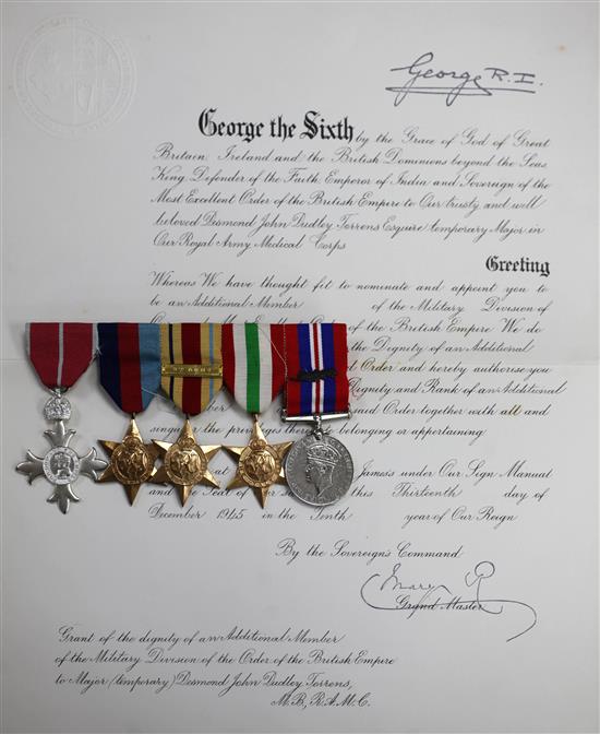 A WWII medal group and MBE to Major Desmond J D Torrens R.A.M.C. with miniatures and related ephemera